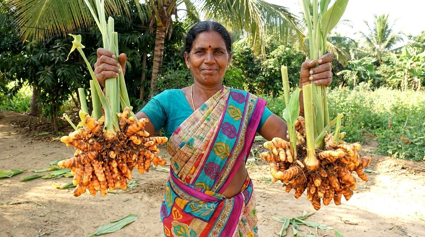 Organic turmeric farm in India at golden hour