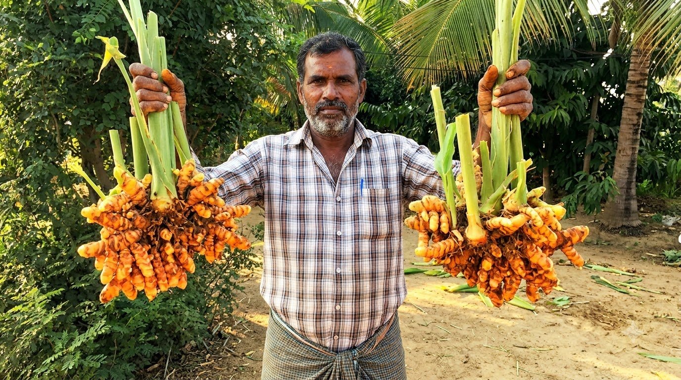 Bulk organic turmeric powder harvest on a certified organic farm in India