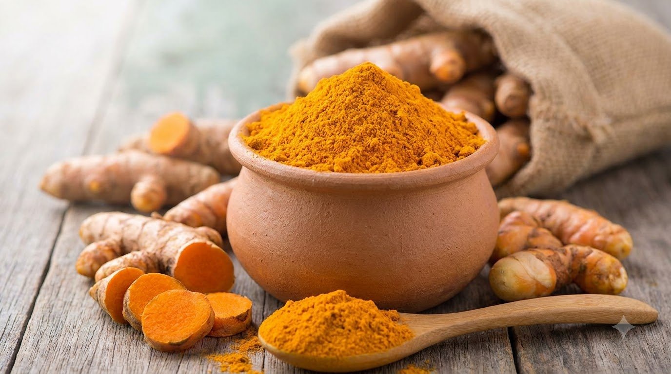 Certified organic turmeric root and powder from a farm in India